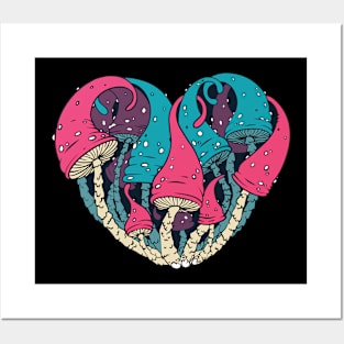 Trippy psychedelic heart with magic mushrooms Posters and Art